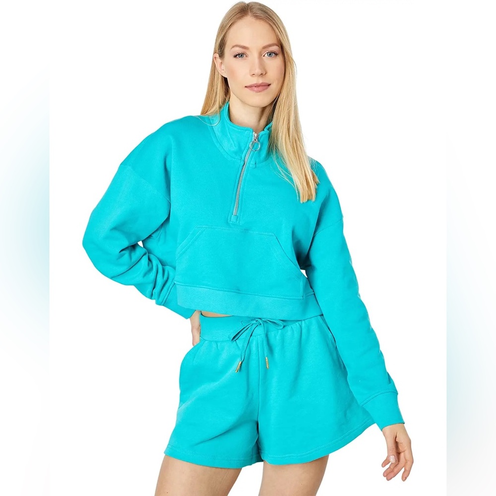 WeWoreWhat- Cropped Terry Half Zip Sweatshirt, Tile Green - S